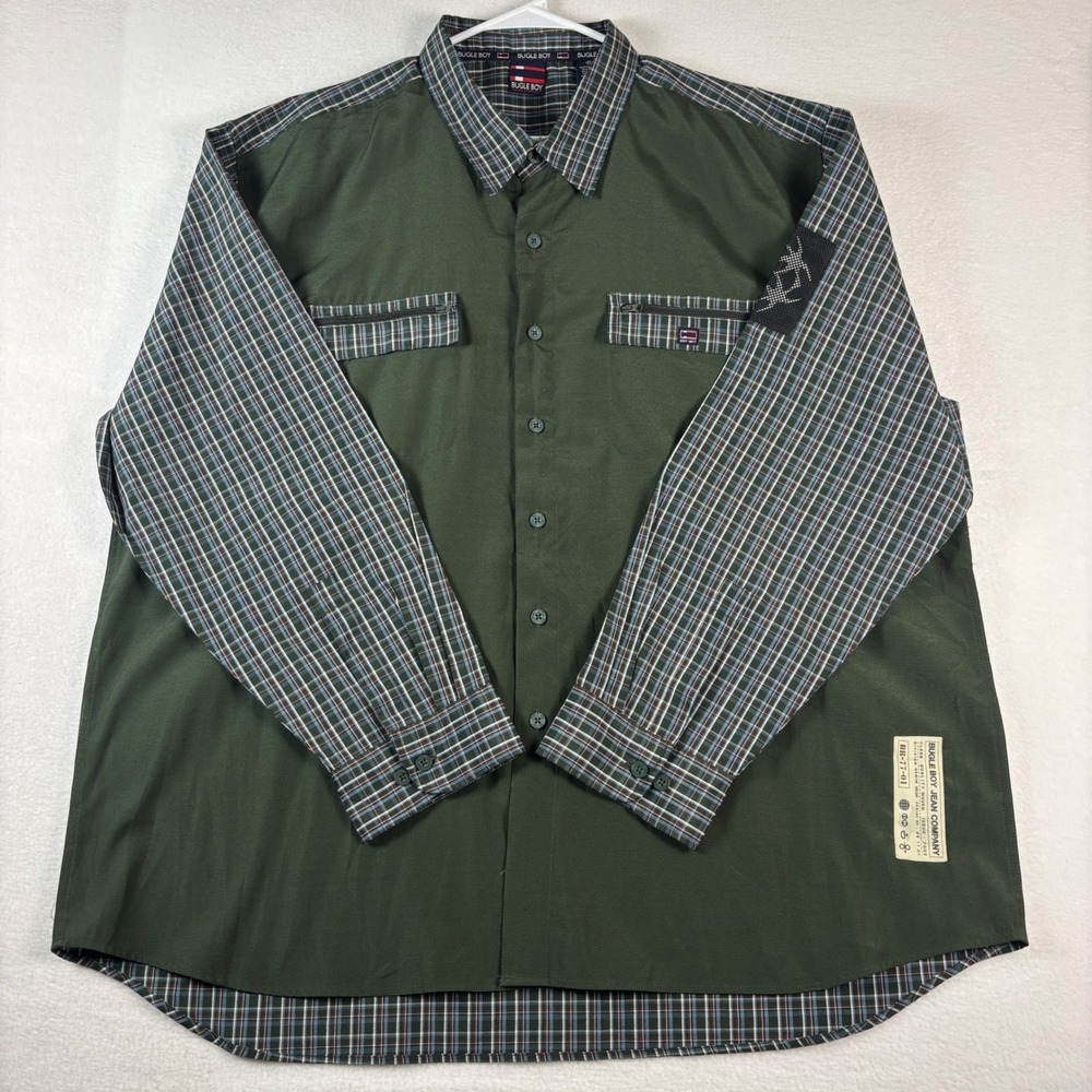 Bugle Boy Mens 2X Green Plaid Button Up Shirt Long Sleeve Zipper Pockets
